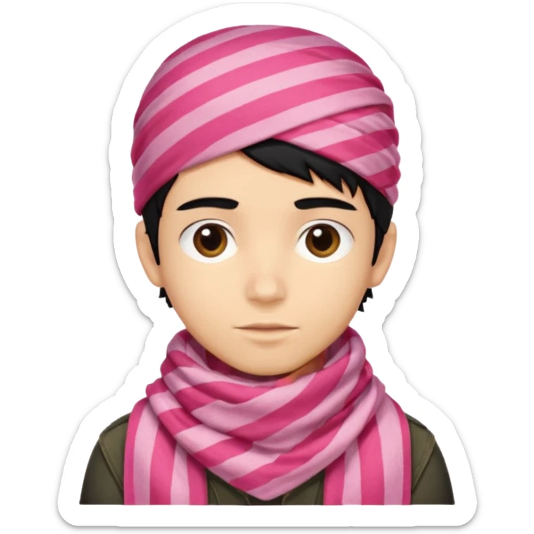 Emoji de un chico con turbante árabe que el chico sea de color piel clara y que tenga cabello negro y de fondo blanco y que tenga un pañuelo árabe de color rojo y con rayas rosas sticker