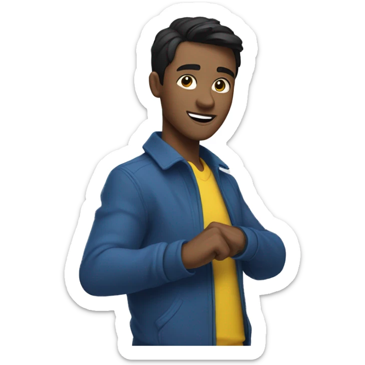 HALF BODY GUY WITH SOFT BLACK SHORT HAIR WITH BLUE COAT AND YELLOW INNER SHIRT SHOWING HIS DANCE MOVES sticker