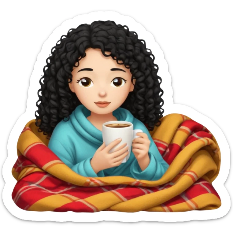 girl with black curly hair inside a blanket sipping coffee eyes closed sticker