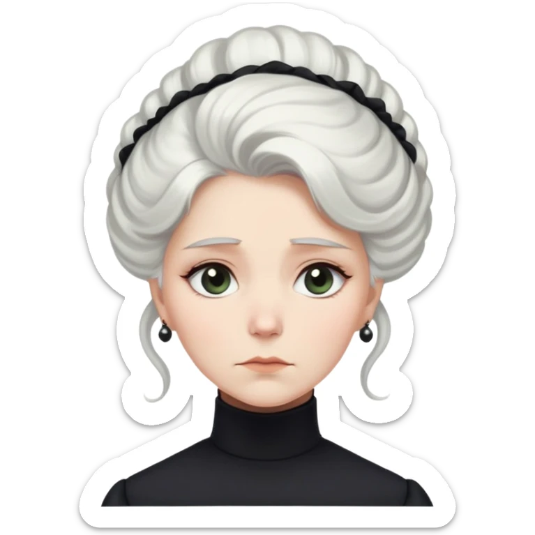 A Victorian woman with elegant coiffed white hair and light eyes wearing a simple modest black turtleneck mourning dress looking down with a forlorn expression sticker