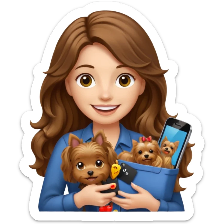 woman with long brown wavy hair holding a Yorkshire Terrier, with an iPhone and a sale tag, emoji style sticker
