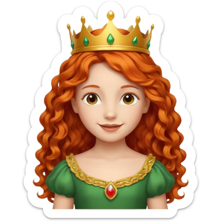 girl kid, Princess with long curly red orange hair, green dress, small crown sticker