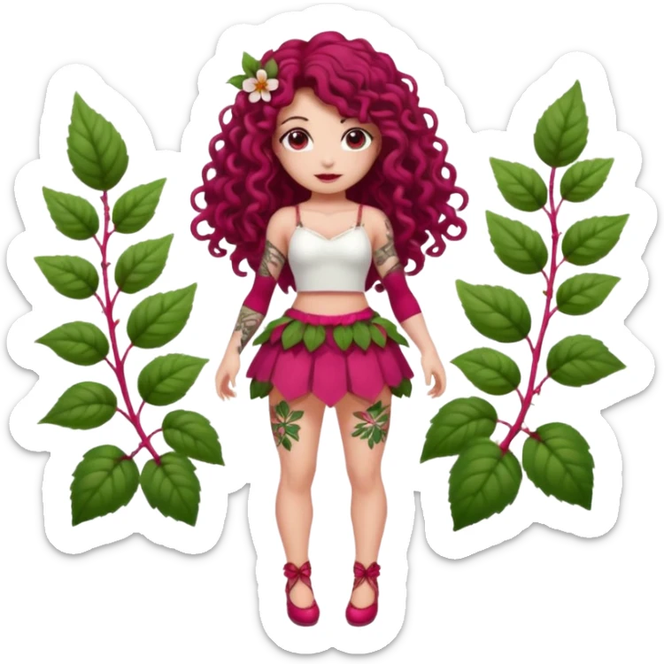 full body woman long curly brown hair brown eyes white skin tattoos muscular build raspberry fairy outfit, petal skirt, thigh vines sticker