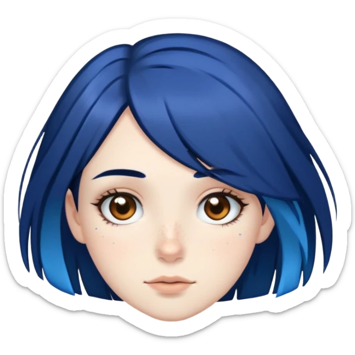 Pale girl with brown eyes, freckles, black hair, with two strips of blue hair sticker