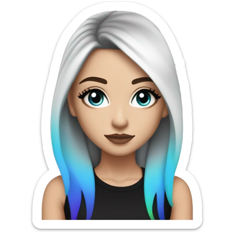 white girl blue eyes and long black hair with rainbow fringe. Wearing black crop top and has dark eye makeup on her eyes sticker