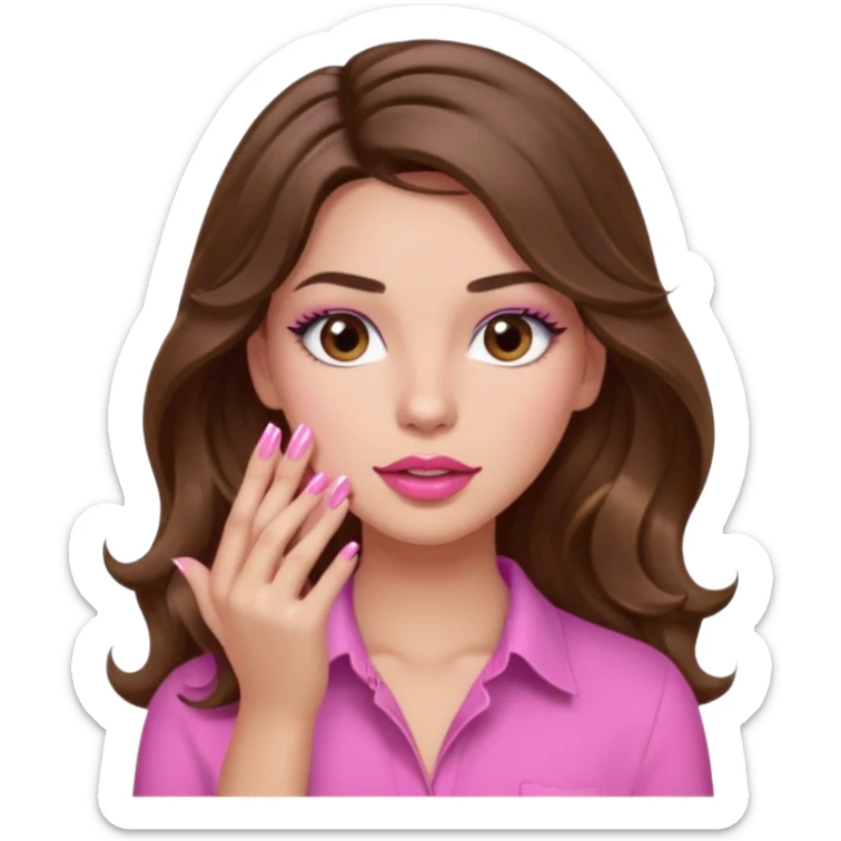 girl with long wavy brown hair, brown eyes, light to medium complexion, in a pink shirt, pink lips, long lashes, puckered lips, showing off a pink manicure sticker