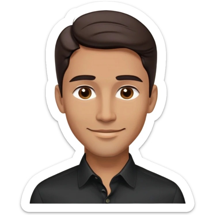 Attractive man in his 40s with youthful appearance, light brown skin, elongated face, defined jawline, handsome features, medium dark eyes, arched eyebrows, straight nose, confident smile, medium wavy dark hair, wearing a formal black button-up shirt sticker