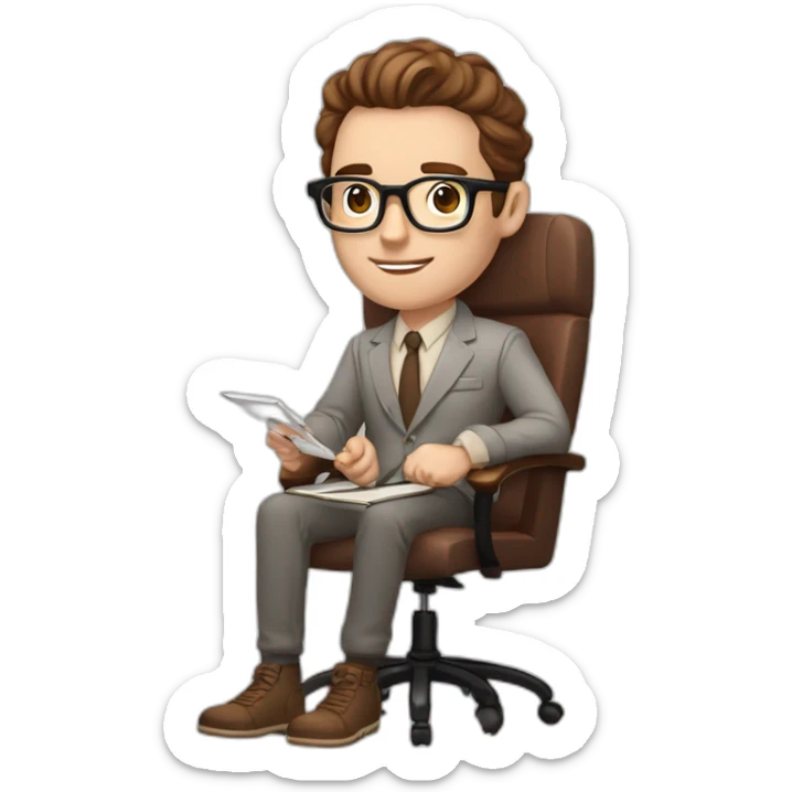 Pale skinned Fit Man With dark brown hair in gray jacket, beige office shirt, Terracotta pants and vintage glasses sitting In a soft chair with a notebook with emblem Ψ and a pen in his hands sticker
