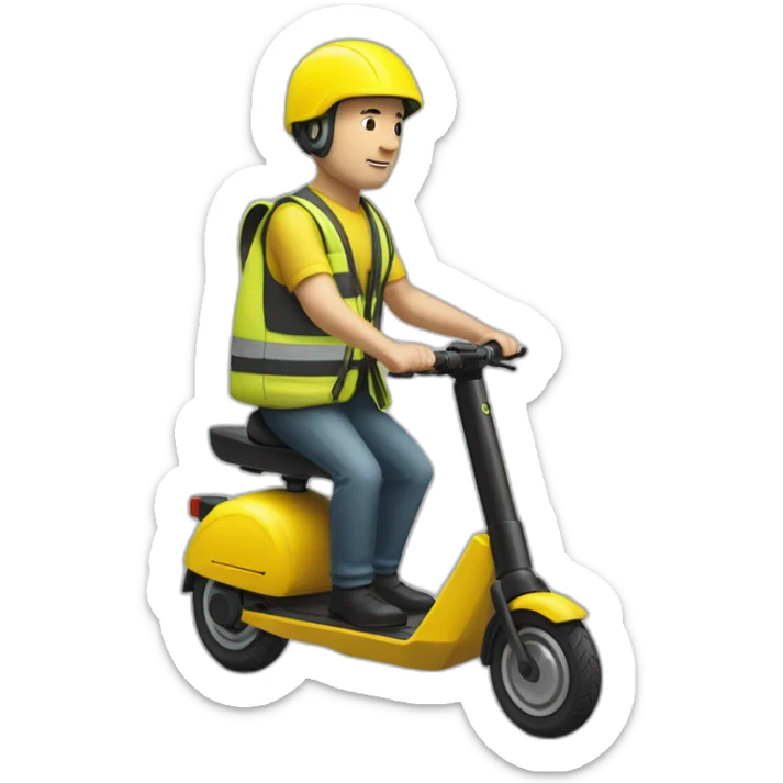a bald white man with a yellow safety vest with a yellow bicycle helmet on a black  xiaomi e-scooter sticker