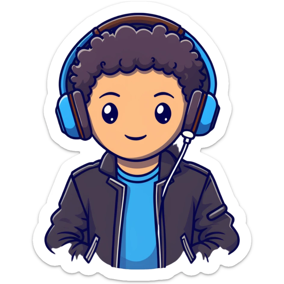 curly haired boy wearing a leather jacket and headphones music producer sticker