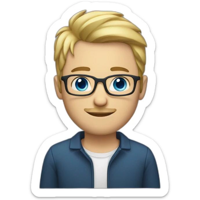 man with short blond hair, short beard and glasses, blue eyes and showing heart by his hands sticker