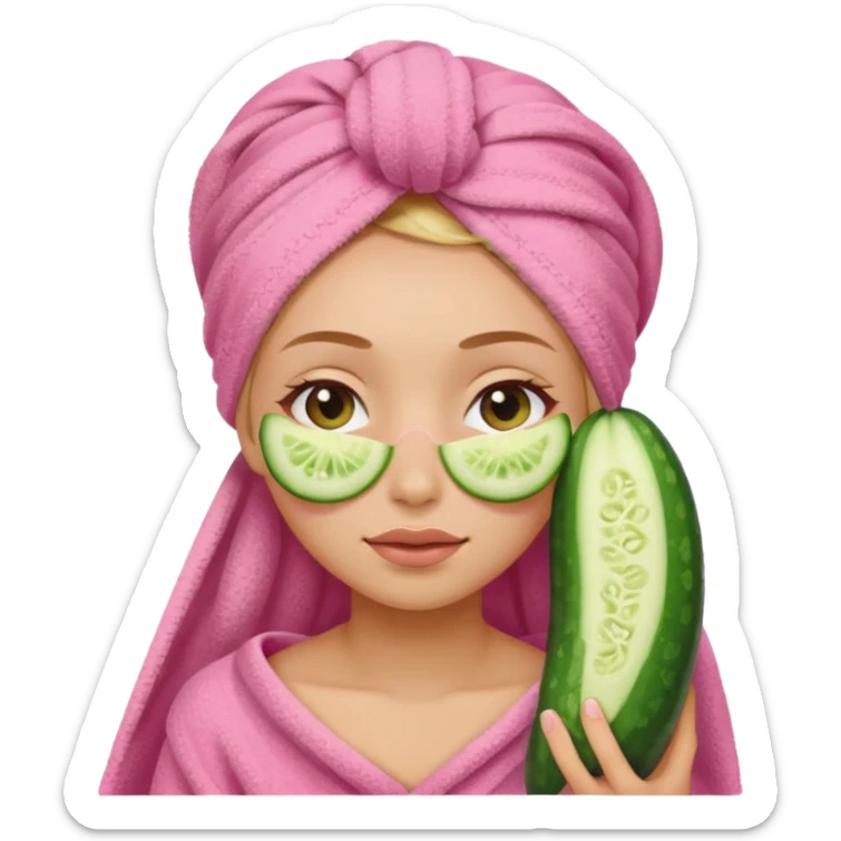 Girl with pink towel in hair cucumber slices covering eyes sticker