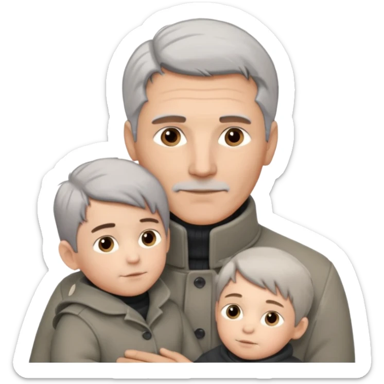 A father with silver-grey hair styled neatly and a clean-shaven face, wearing a dark turtleneck and wool coat, holding his child gently. The child has light brown hair and a soft white jacket. Warm cinematic lighting, emotional close-up. sticker