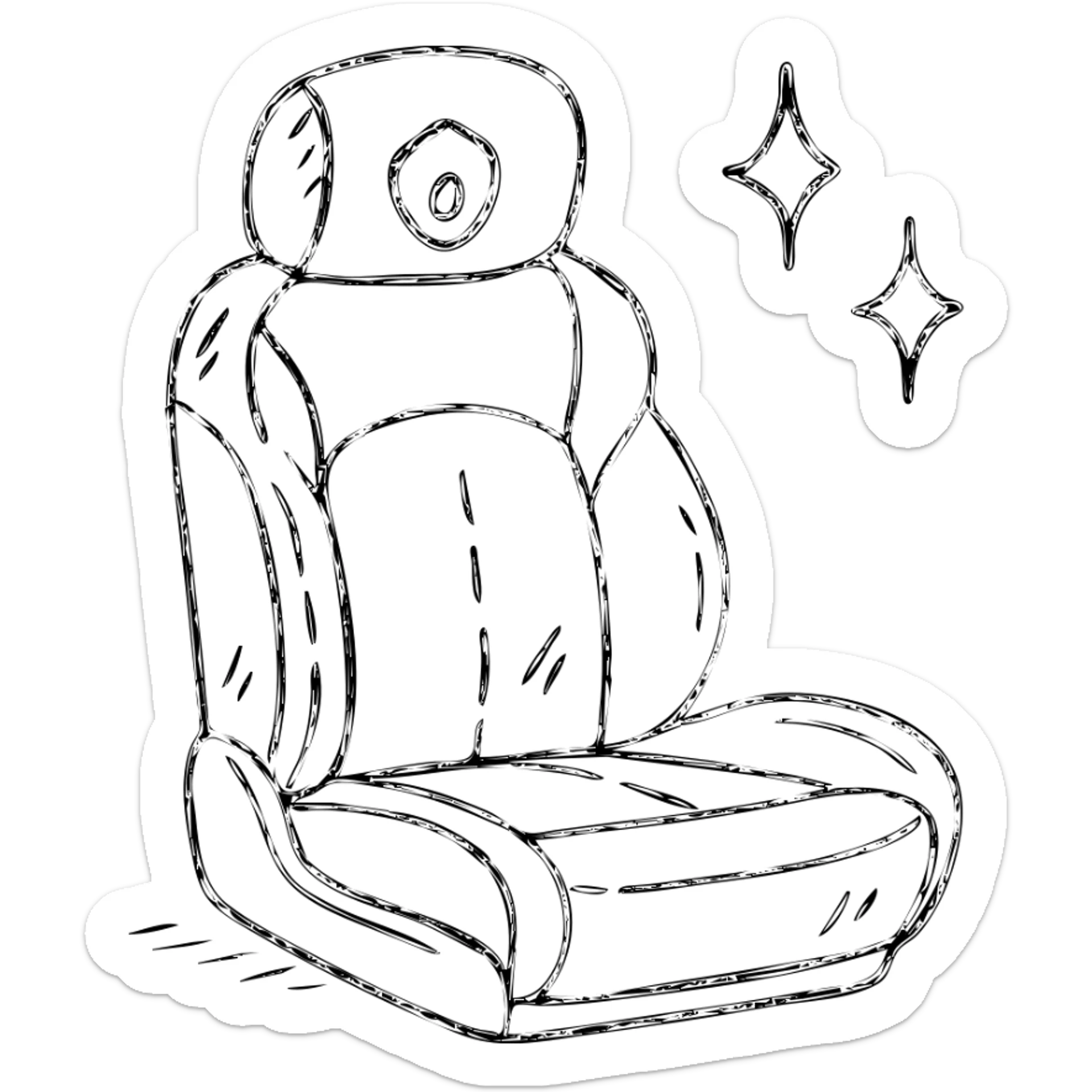 hand-drawn outlined icon of a luxury car seat in matte black with a small droplet or shield on the headrest, elegant stitching, minimalist lines, extra shine and sparkles, clean and modern sticker