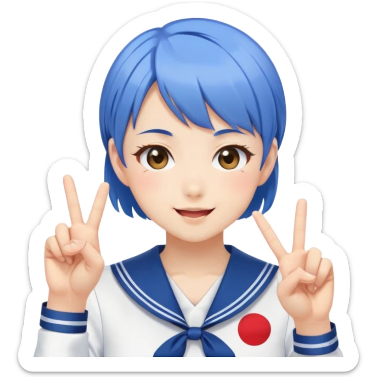 Energetic anime girl with short blue hair wearing Japanese sailor style school uniform, winking and making double peace signs, very cheerful and bubbly, kawaii style sticker