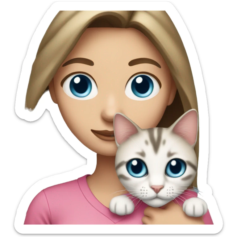 White woman with blue eyes and long dark hair wearing a pink shirt and holding a tabby cat sticker