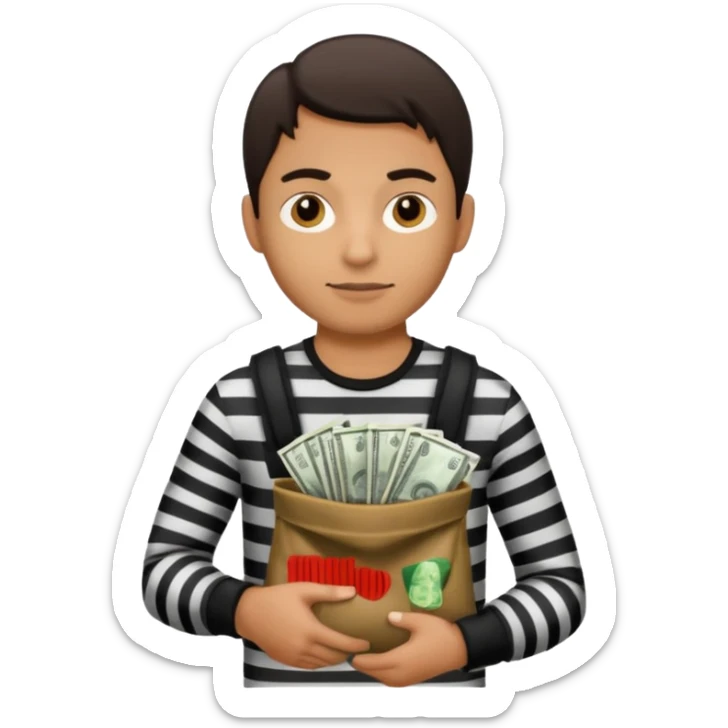 A robber with a black and white shirt with a bag of money  sticker