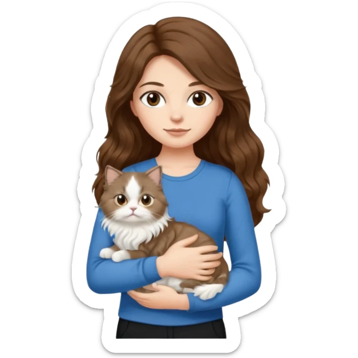 a girl with long wavy ish brown hair with a blue top and black pants holding a white persian cat  sticker