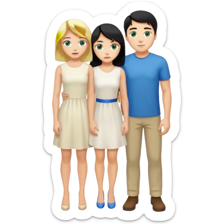 Man, black Hair, blue eyes, whole body, Woman, blonde, green eyes, White Dress, bending knees sticker