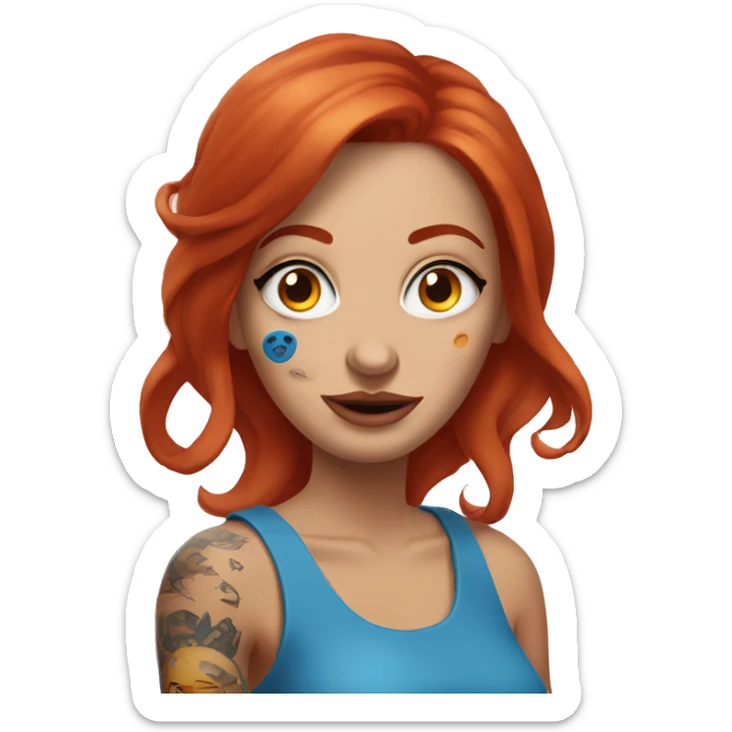 Woman with red hair, nose piercing, blue eyes and arm tattoos holding fried eggs sticker