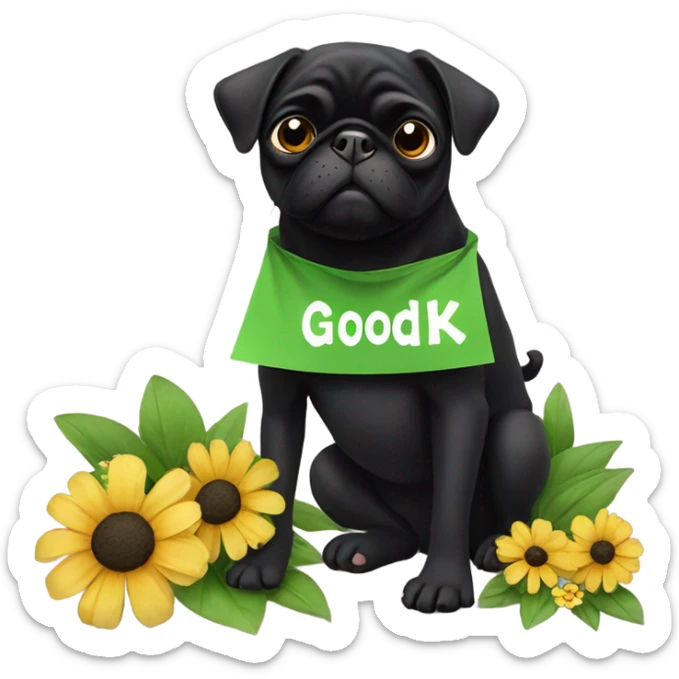 Black pug , surrounded by flowers, holding a green sign that says “good luck”  sticker