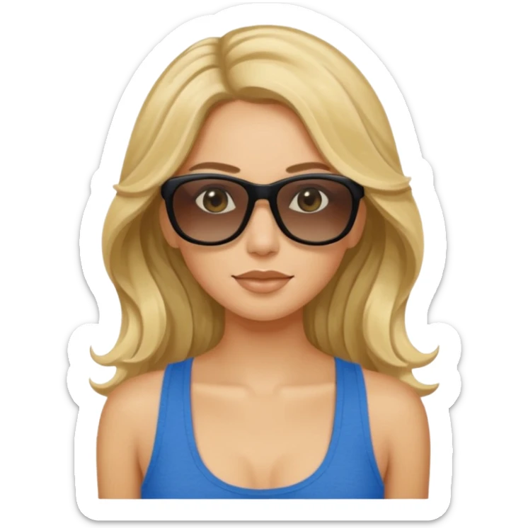 an olive tan woman with long, wavy blonde hair in a blue tank top wearing skinny black rectangular sunglasses sticker