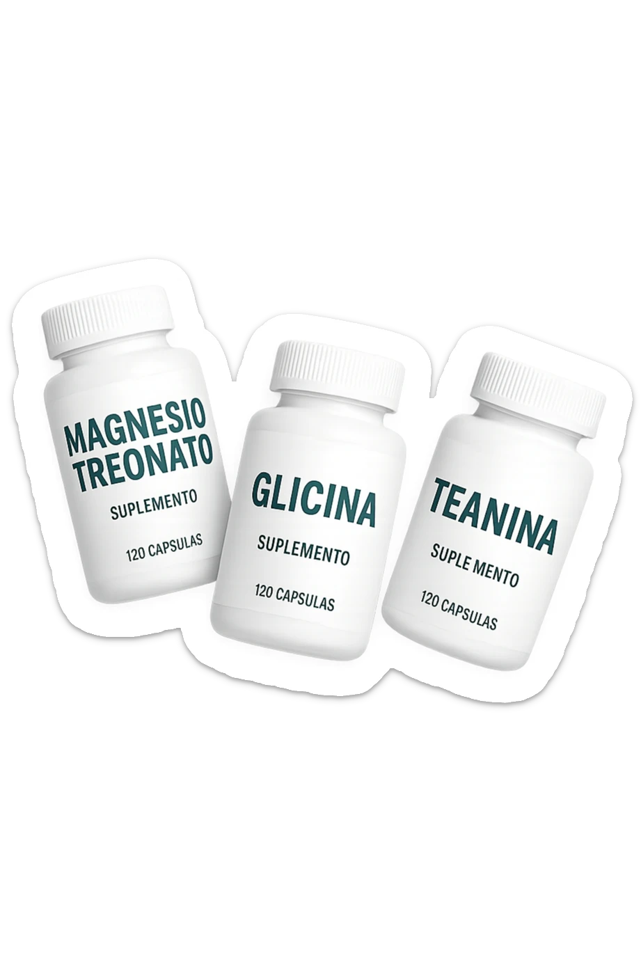 3 boccette di integratori: Magnesio Treonato, glicina, teanina, fluttuano in aria sticker