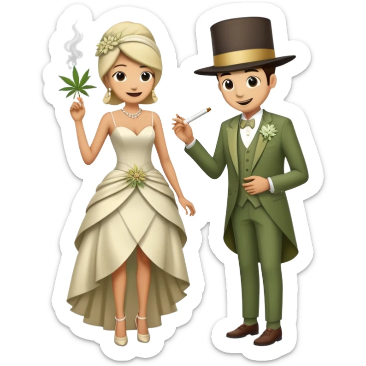 Full body view of person in fancy clothes sneaking into a wedding ceremony with a mischievous grin, uninvited guest, smoking cannabis sticker