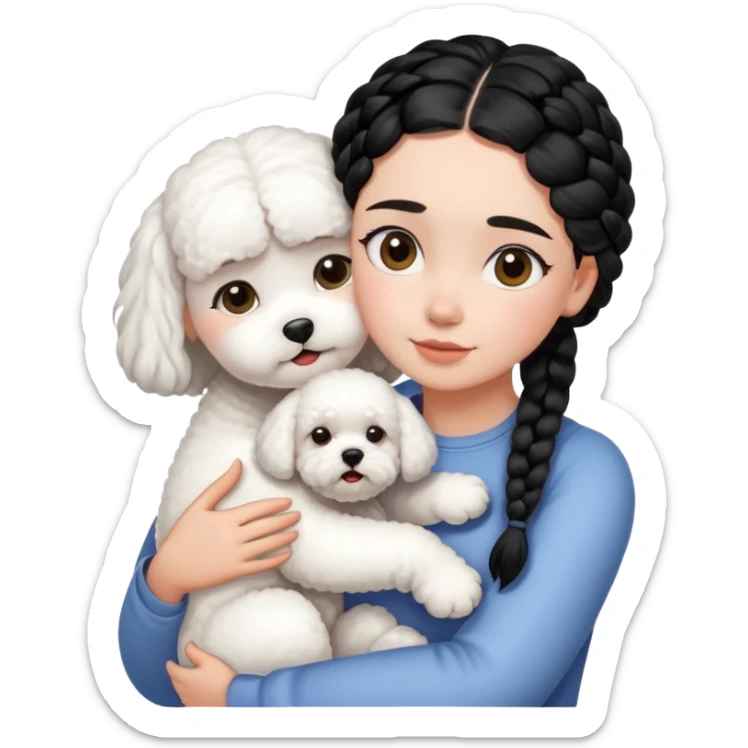 A girl with the black braids has straight hair ,hugging one Bichon frise sticker