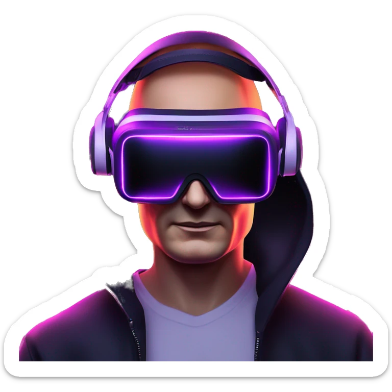 Vladimir Putin wearing a black hoodie with "OMG" letters on it and VR headset oculus quest 2 in a cyberpunk VR environment with violet neon lighting. sticker