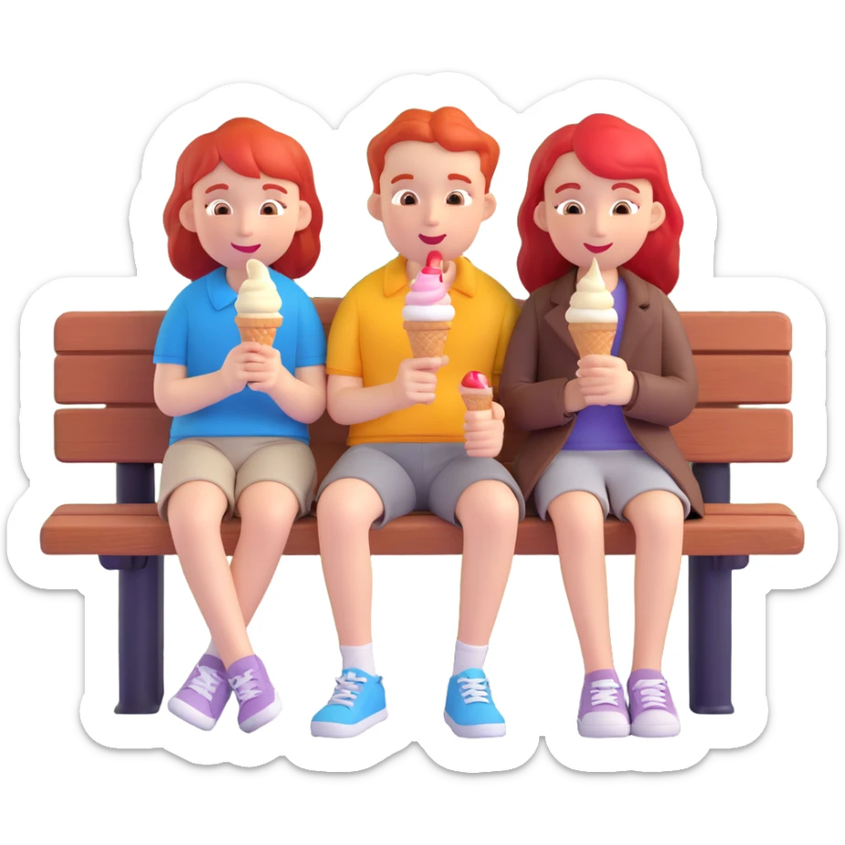 A red-haired girl and a boy sitting together on a park bench, sharing an ice cream cone, with a sunset in the background. sticker