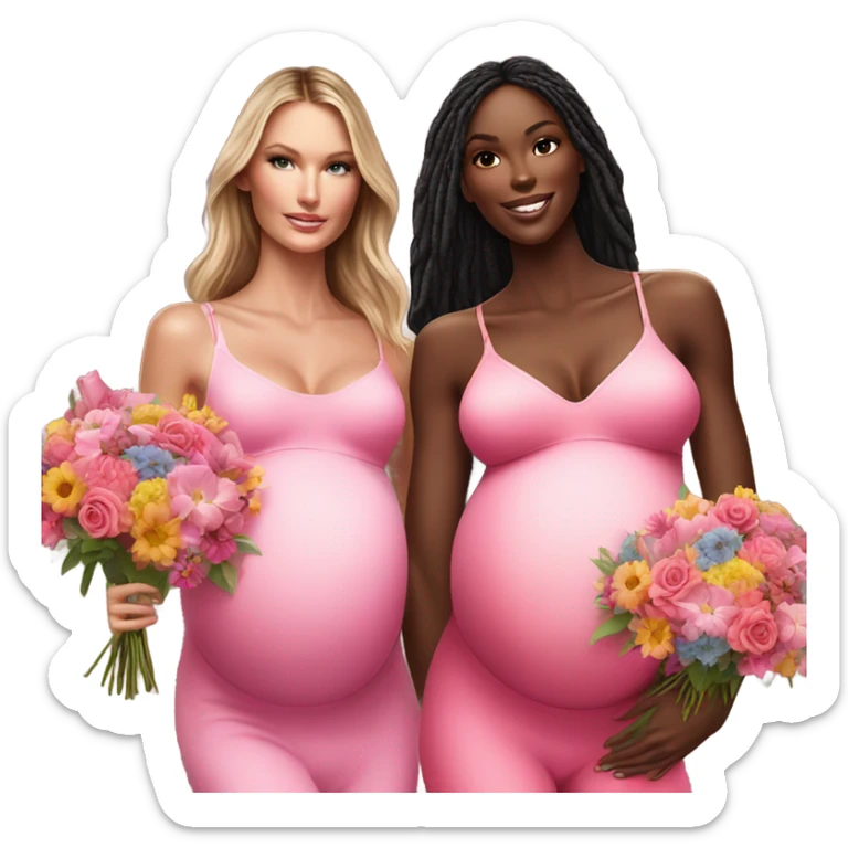 Realistic Photo of 2 Victoria secret models pregnant posing with flowers sticker
