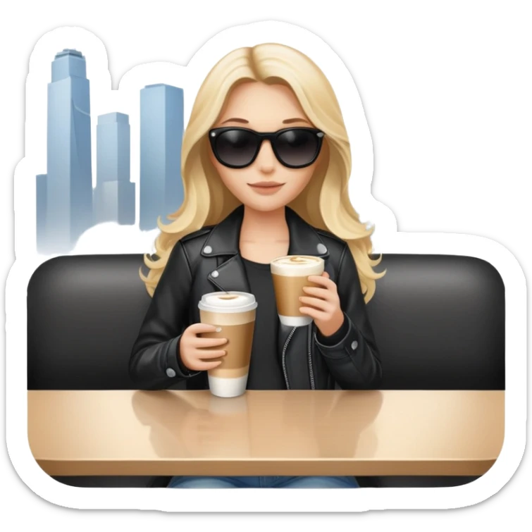 blonde woman with long hair, in black sunglasses, holding a latte in her hand, in jeans and a black leather jacket sticker