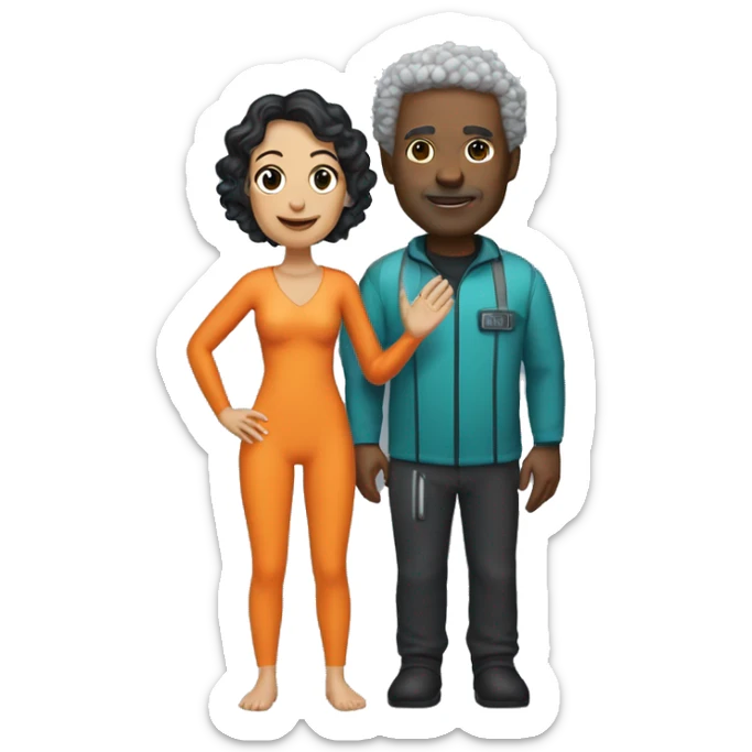 40 year old woman with light brown skin and short curly black hair, holding the hand of a 50 year old white man with short gray hair, both people dressed in snorkel gear sticker
