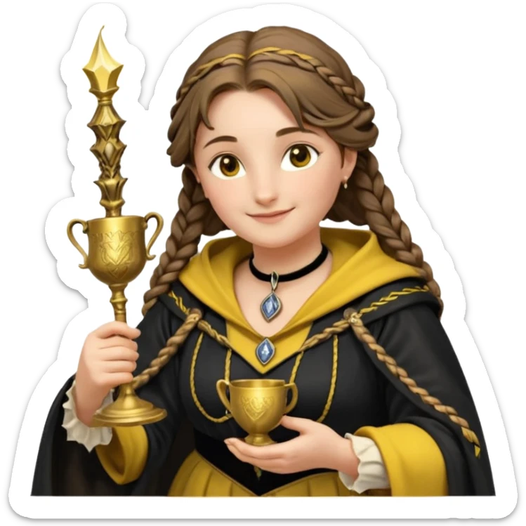 Helga Hufflepuff,the Hogwarts founder of Hufflepuff,brown-haired,2braids,yellow-black medieval dress with black cloak decorated with gold braiding,flickering magic wand and tiny two-handled shiny gold cup engraved with the badger silhouette,very kind smile,curvy busty sweet sticker