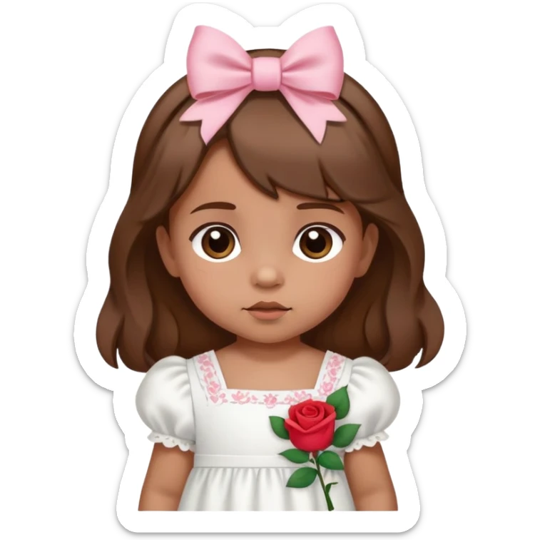 Brown hair, medium skin tone baby girl with bows on her hair, and wearing a white dress with rose designs on it  sticker