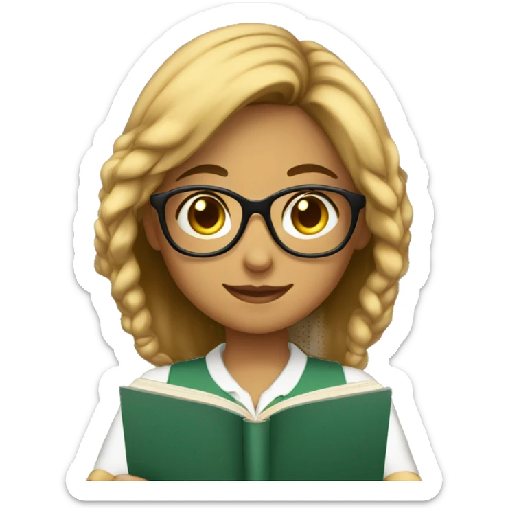 girl with tan skin with glasses in a school uniform reading a book, sticker