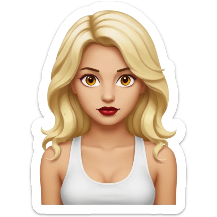 a woman with white tank top her hair is long wavy blonde hair, her face is baddie girl style, her eyes color are yellow and the color of her lip is red maroon sticker