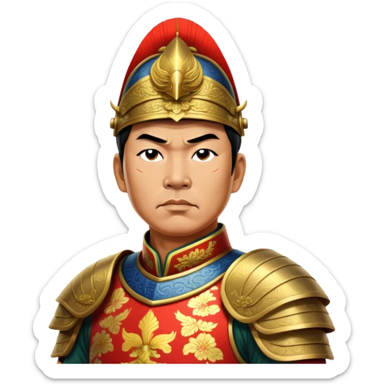 Trần Hưng Đạo – Cinematic Realistic Portrait of Trần Hưng Đạo, depicted as a revered Vietnamese general in traditional armor with a determined gaze, rendered with intricate historical textures and dynamic lighting that highlights his legendary martial spirit and leadership. sticker