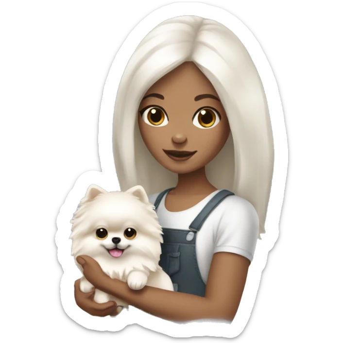 Girl with dark hair white skin holding cream Pomeranian  sticker