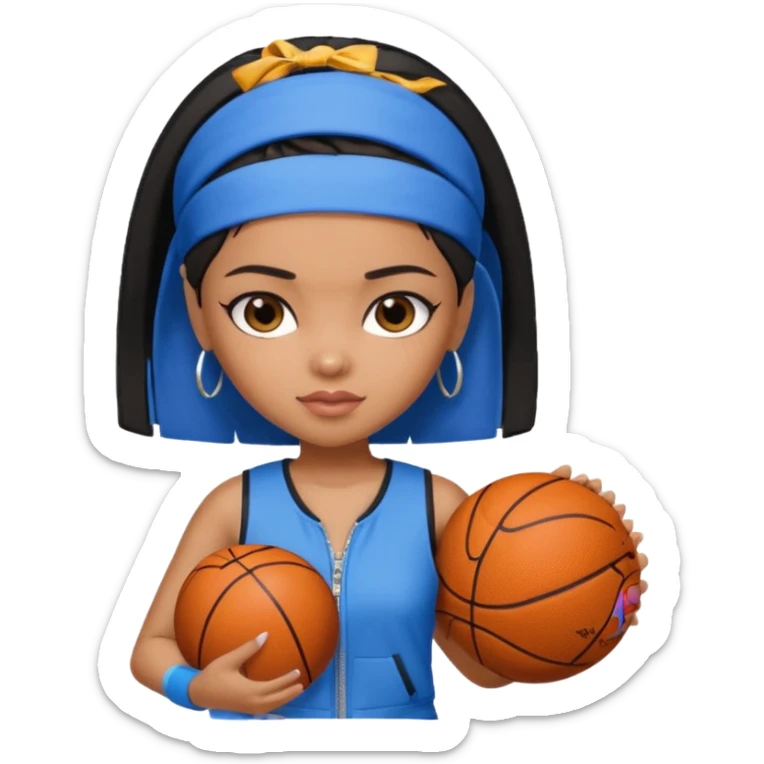 generate a pretty bratz that looks like Kajol.
 Wearing a blue zipper with short black bob cut hair and a matching blue headband. Carrying a basketball sticker