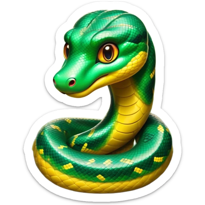 Cinematic Cute Anaconda Portrait Emoji, Head tilted playfully and inquisitively, with a sleek, shimmering body adorned with detailed scale patterns and round, sparkling eyes full of wonder, Simplified yet irresistibly adorable features, highly detailed, glowing with a warm, friendly jungle glow, high shine, affectionate and lively, stylized with a touch of whimsical reptilian charm, soft glowing outline, capturing the essence of a mischievous serpent that feels like it could slither out of the screen into your arms! sticker