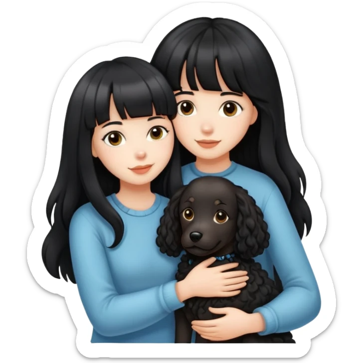 A beautiful girl with long black straight hair and bangs hugs a curly-haired dog sticker