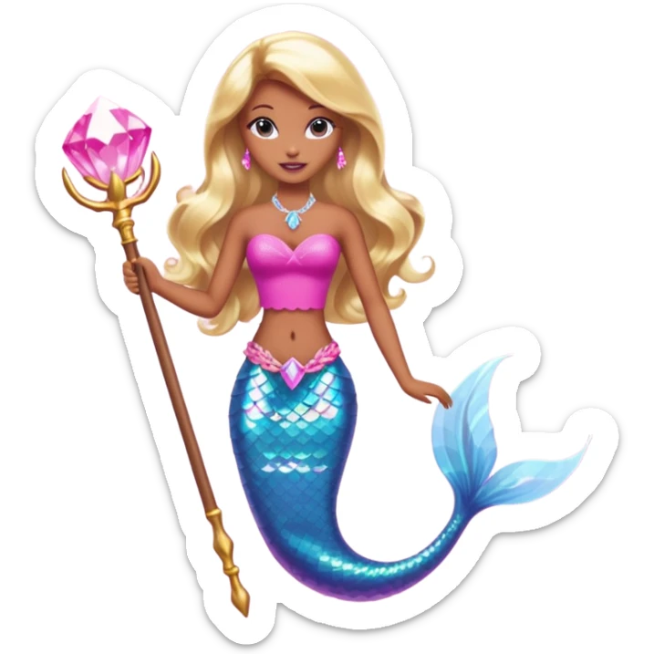 Brown skin blonde hair barbie mermaid with pink diamond tail and wand  sticker