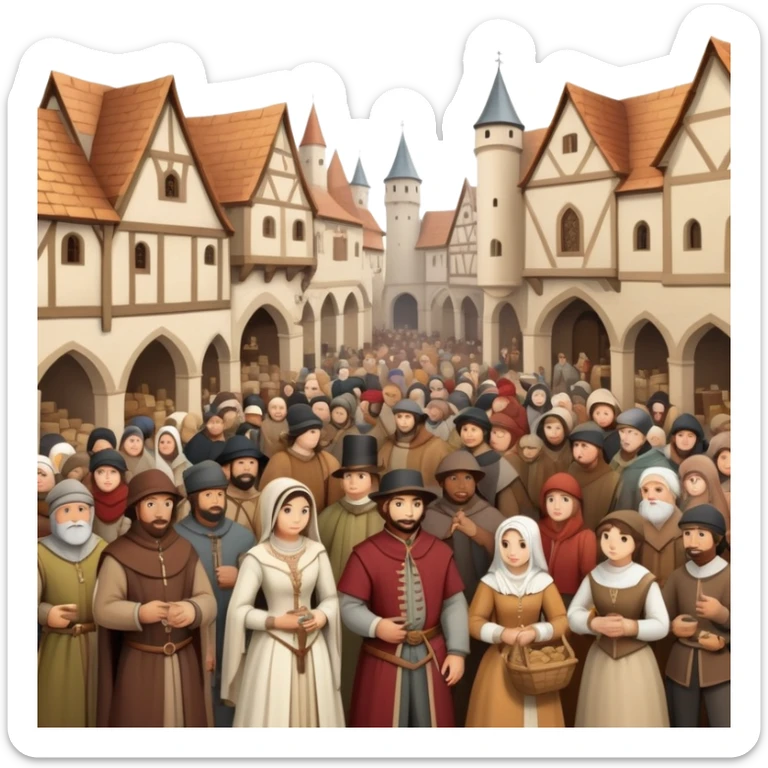 Medieval town crowd scene with many people together, mix of wealthy merchants and common townspeople gathered in a marketplace sticker