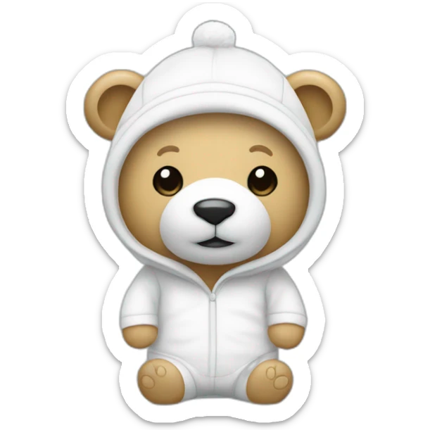 Un oso blanco de pie con un pijama blanco muy delgado y con un gorro sticker