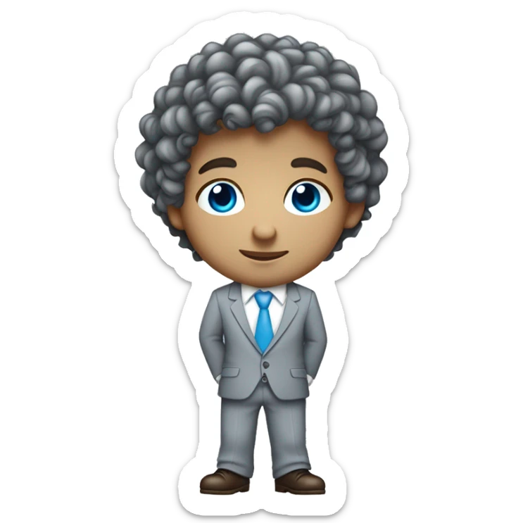 Little young  gentleman wearing a grey suit with white shirt and baby blue tie with blue eyes , white  skin and brown curly hair and full body . Wearing a watch  sticker