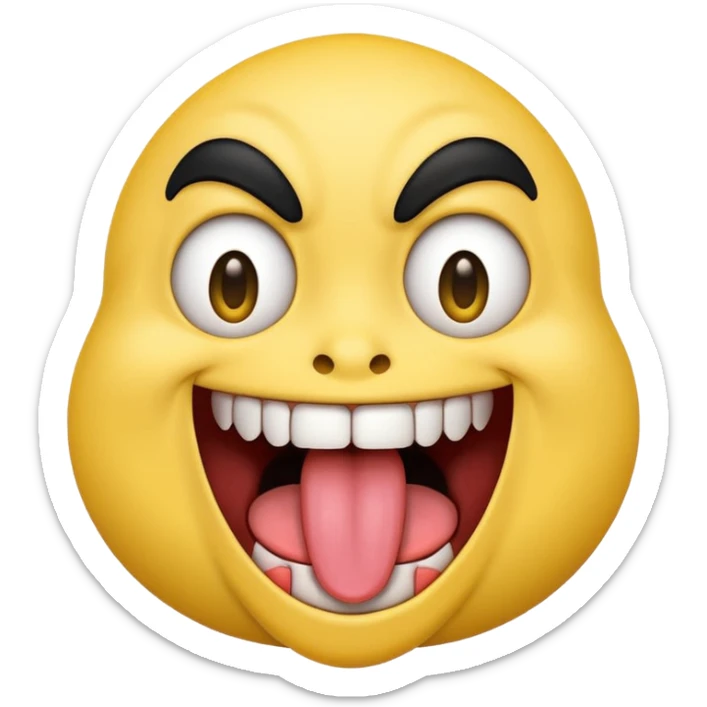 Freaky yellow face emoji smiling really big with huge tongue out and eyes wide open. Tongue should is wagging back and forth. Give him a full head of black hair sticker