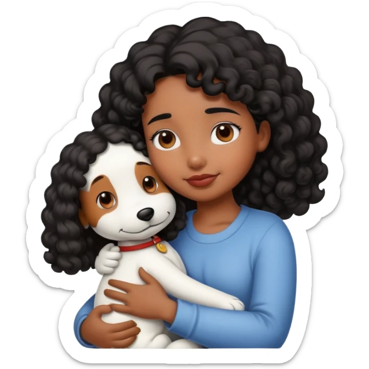 Girl with brown skin and curly black hair hugging snoopy sticker