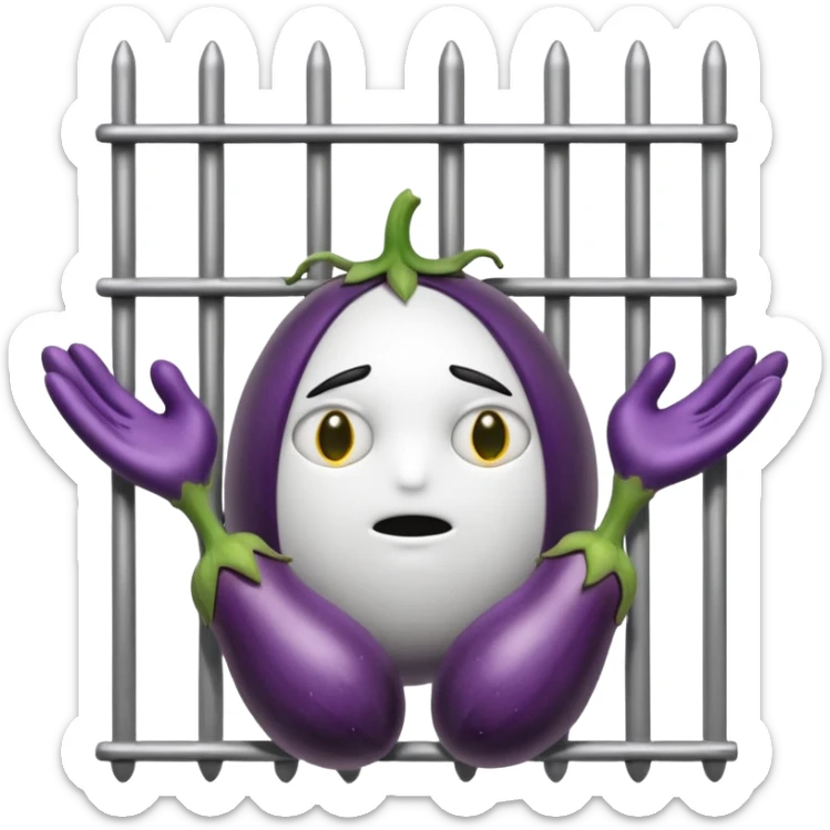 Smutna buźka z bakłażanami w miejscach oczu. Buźka jest za więziennymi kratami trzymając się ich rękami sticker